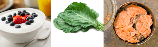 This is a picture of yogurt, leafy greens, and canned wild sockeye salmon. These are examples of foods high in calcium.